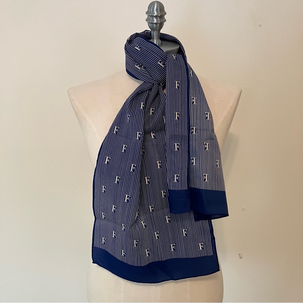 VTG Monogramed Blue Strip Rectangle Scarf Japan Preppy 10.5in X 46in Nautical